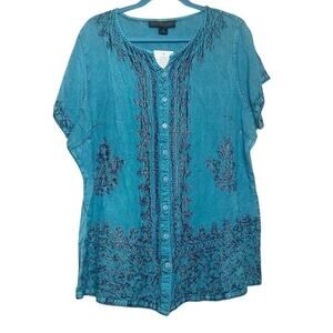 Agan Traders Women's Bohemian Turquoise Top Blouse Blue 2XL Short Sleeve